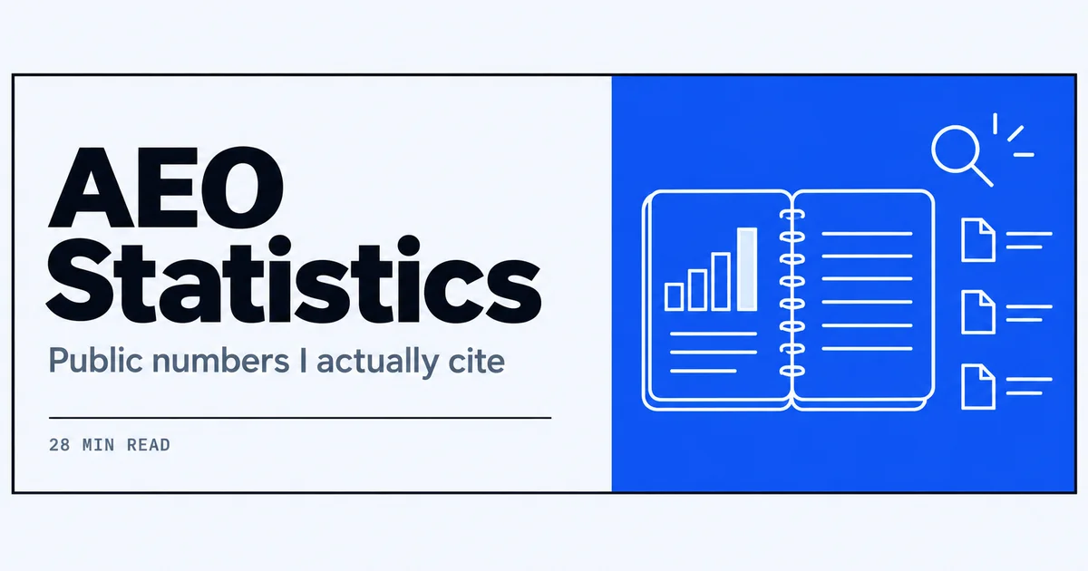 Line drawing of a notebook logging AEO statistics with charts and dated source notes