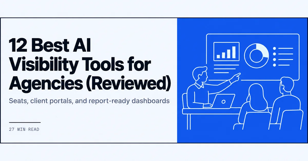 Line drawing of an agency strategist presenting an AI visibility dashboard to two clients