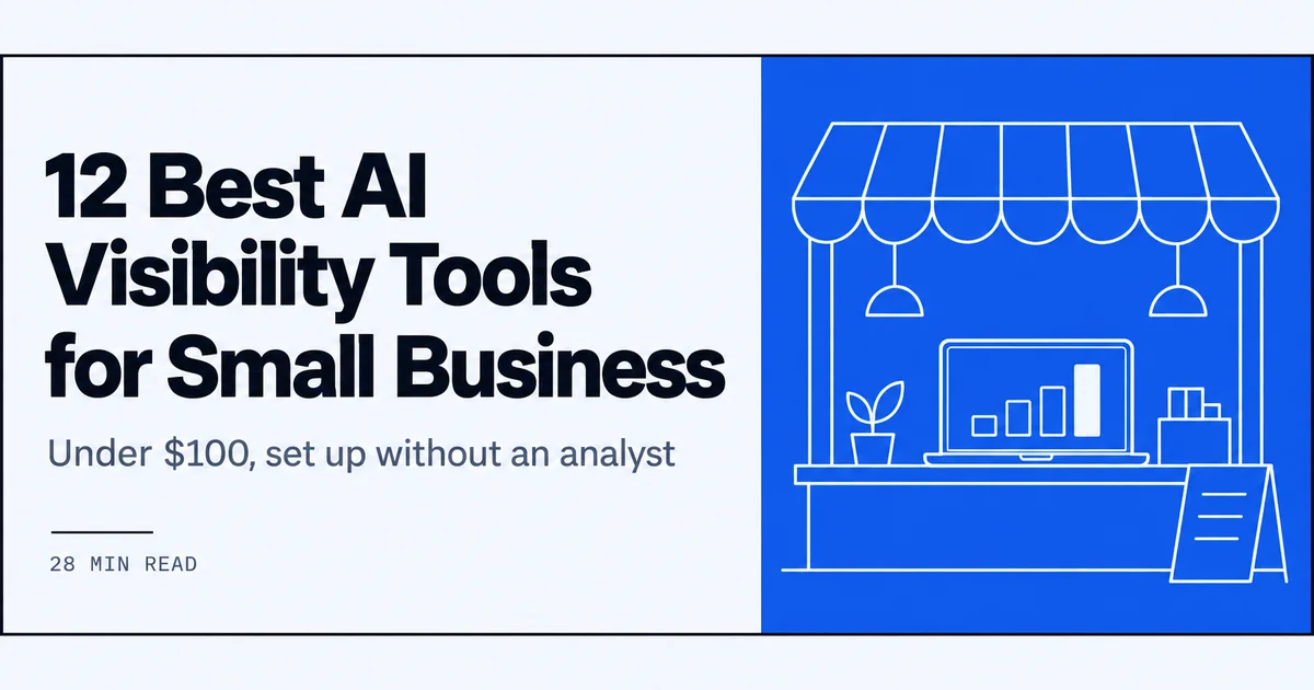 Line drawing of a small business owner checking AI citation scores on a laptop at the shop counter