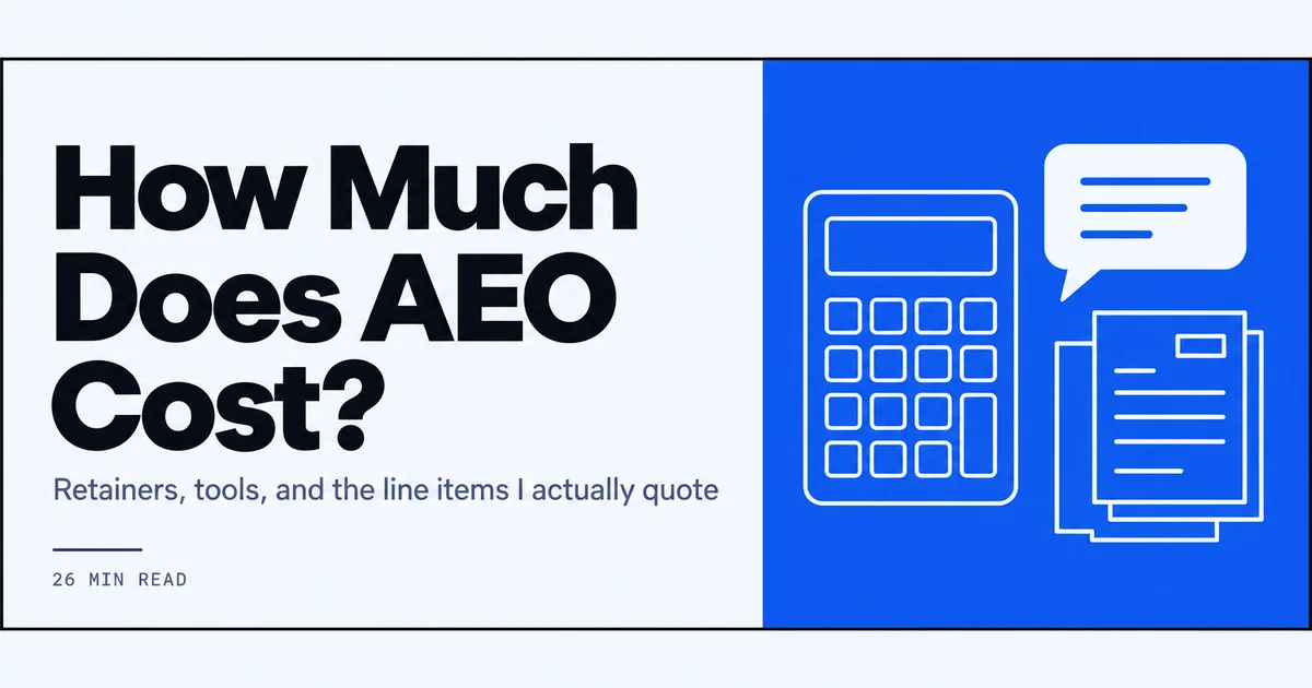 Line drawing of a calculator, chat bubble, and invoices used to plan AEO costs