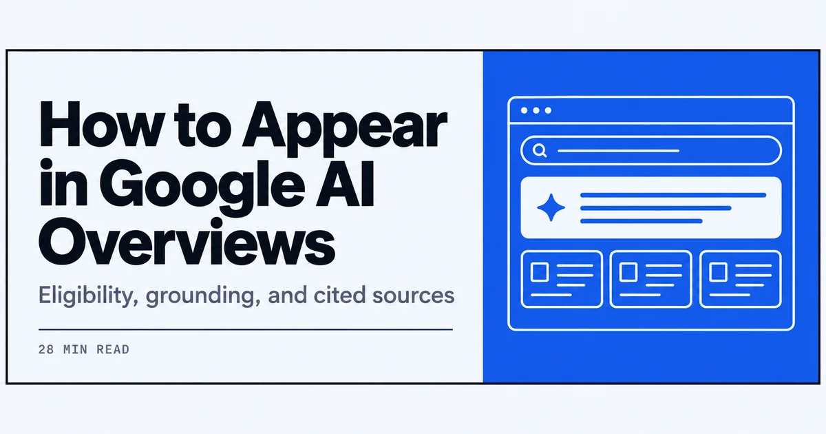 Line drawing of a search results page showing an AI Overview box with three cited source links