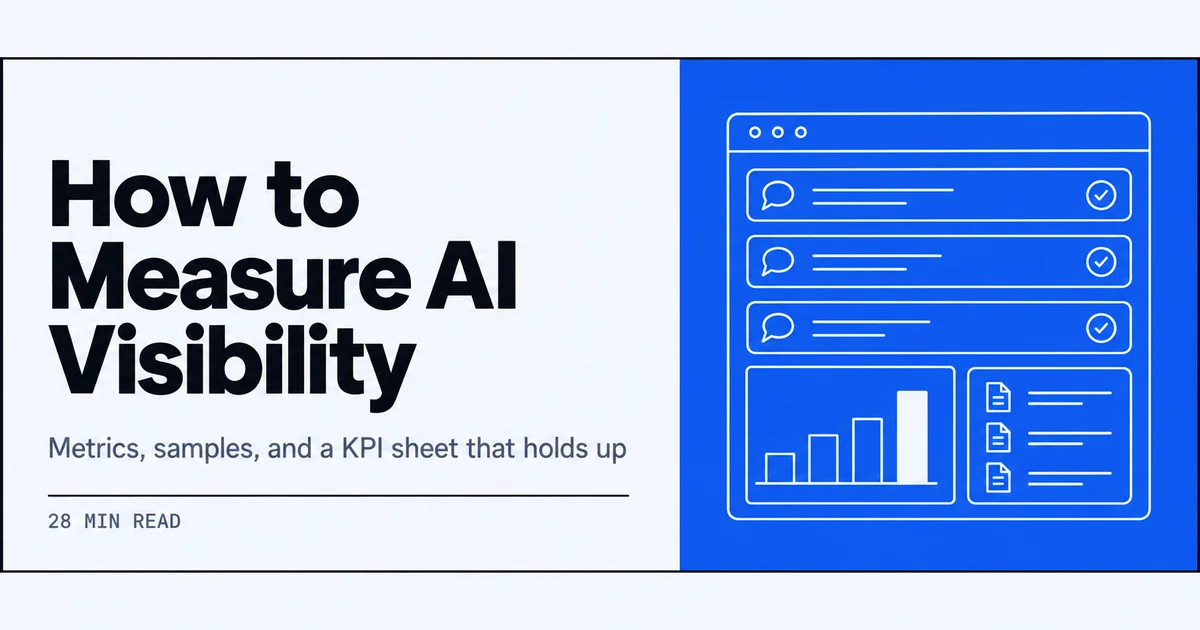 Line drawing of an AI visibility dashboard with prompt cards, citation marks, and a bar chart