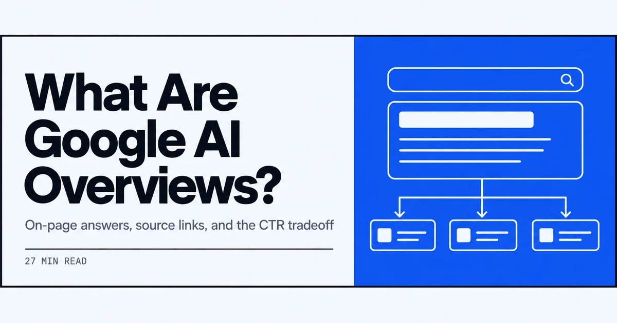 Line drawing of a Google search page with an AI overview box and three source cards