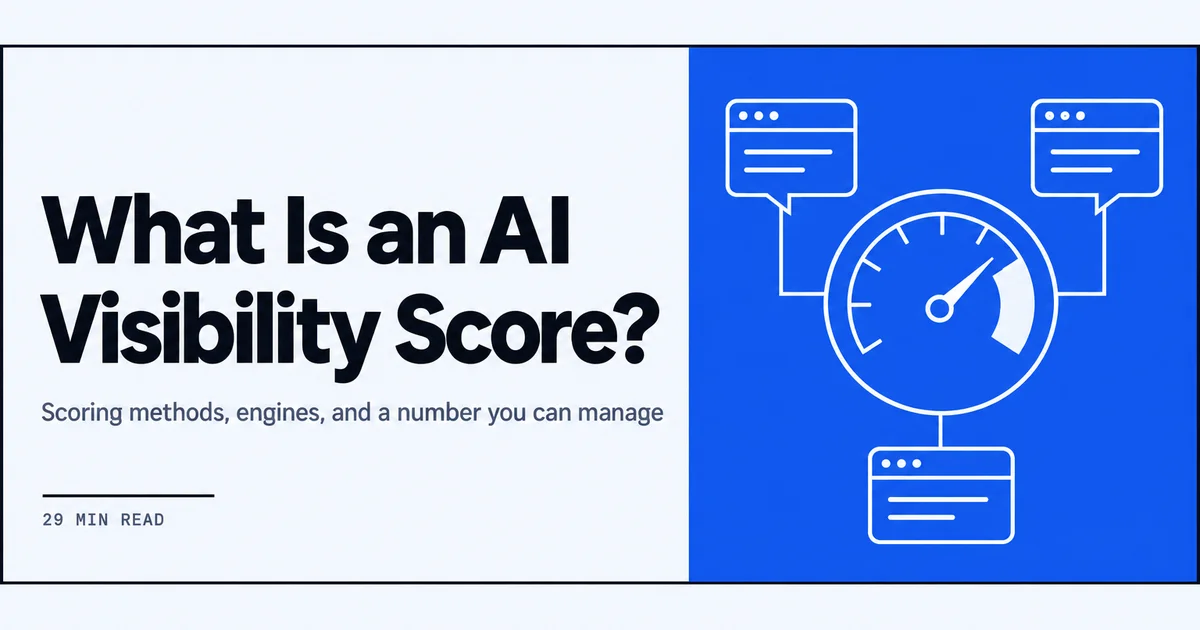Line drawing of a score gauge next to AI chat bubbles with citation marks