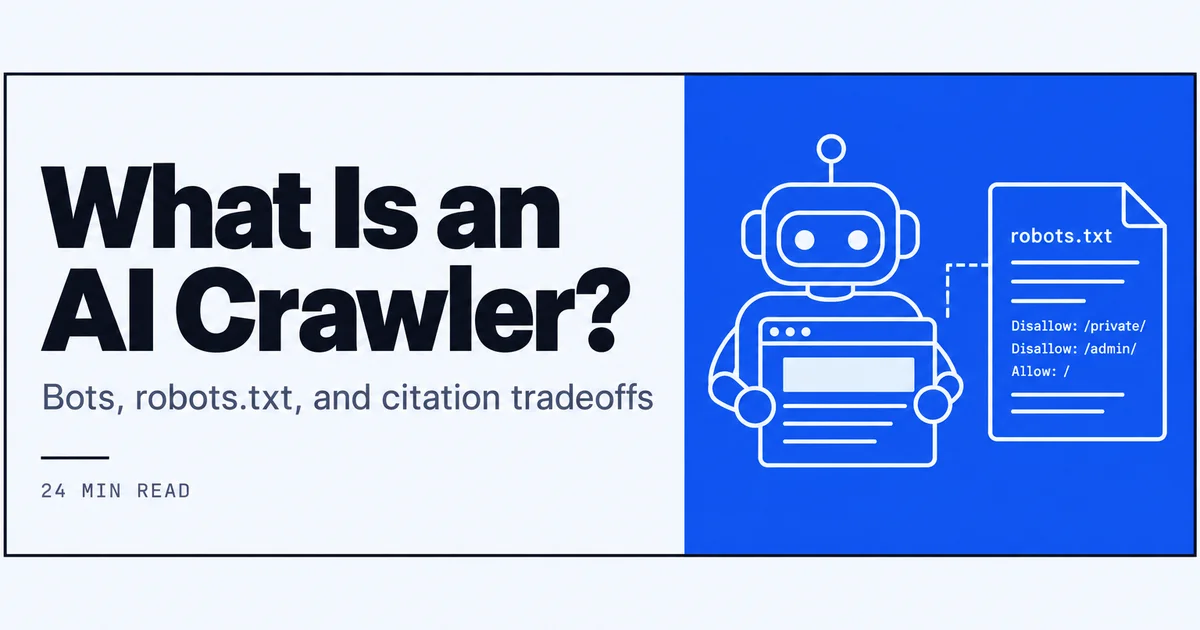Line drawing of a small robot reading a webpage beside a robots.txt file
