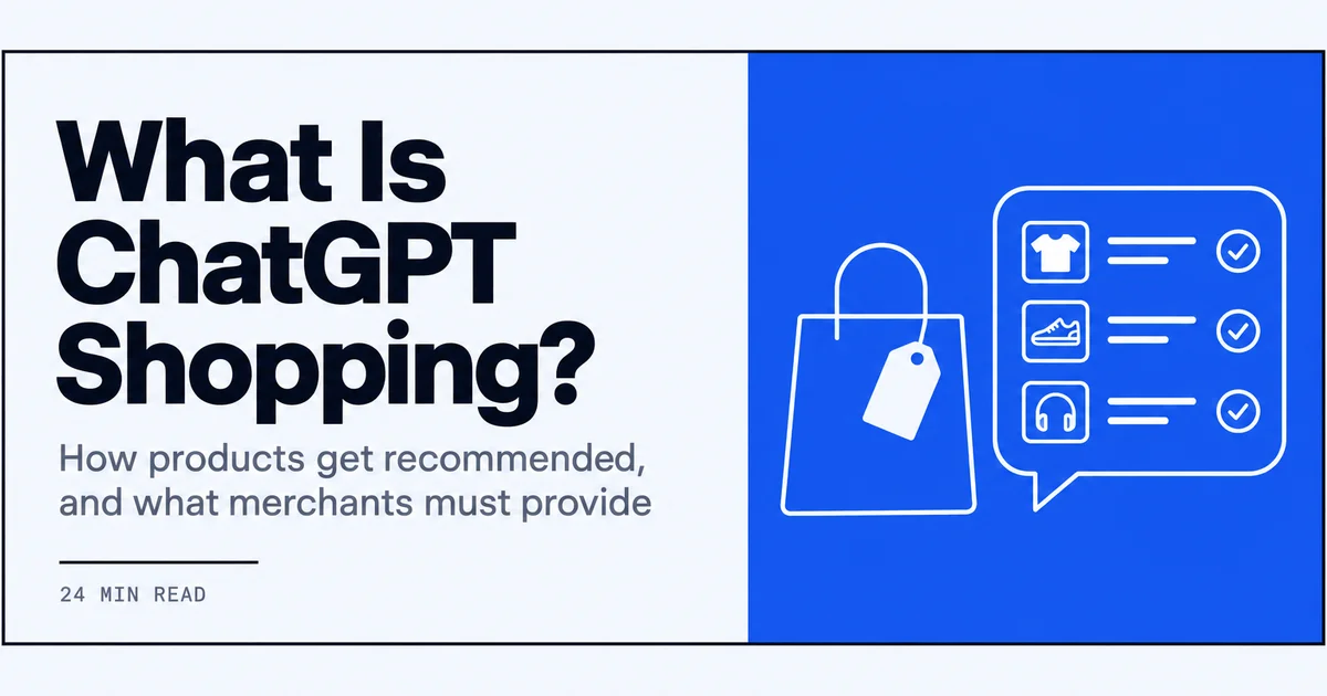Line drawing of a shopping bag next to a chat bubble showing a product list and a merchant checklist